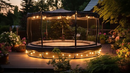 Obraz na płótnie Canvas Backyard trampoline ready for fun, encircled by a protective net, cozy garden setting
