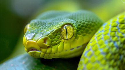 Obraz premium Closeup of green snake with yellow eyes. Green snake is symbol of 2025.