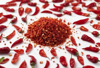 Spicy chili red pepper flakes chopped milled dry paprika pile isolated on white top view