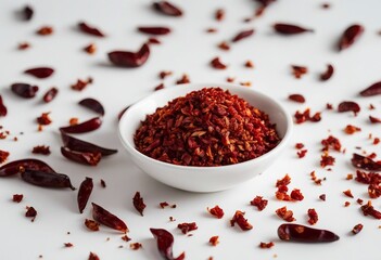 Spicy chili red pepper flakes chopped milled dry paprika pile isolated on white top view - obrazy, fototapety, plakaty