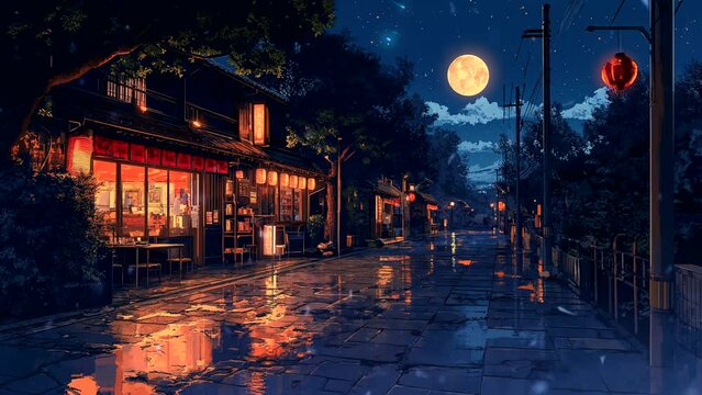 Culinary place at night with rainy vibes. seamless looping 4k time-lapse animation video background