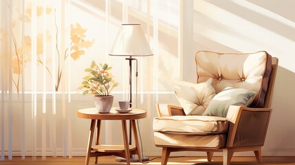serene corner with a plush chair and framed art, evoking a peaceful watercolor style