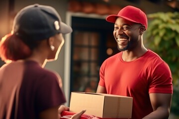 A dark-skinned woman takes a cardboard box from an African-American male courier. Concept of goods delivery, online purchase, modern shopping. Parcel delivery to your home