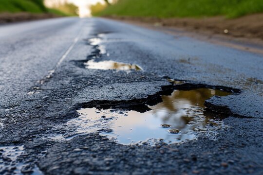 A pothole on a road, road damage