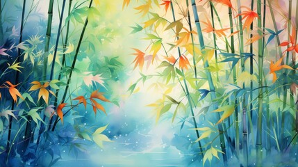 Fototapeta na wymiar Watercolor interpretation of a vibrant bamboo sanctuary, light dancing between the leaves