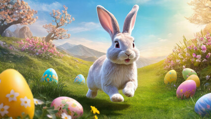 Fototapeta na wymiar cute cartoon Easter bunny running on green grass with colorful egg
