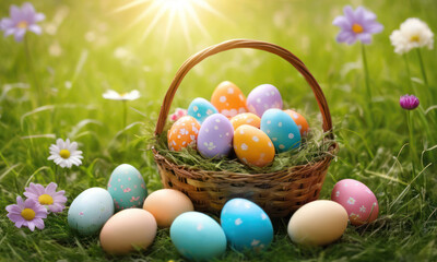 Fototapeta na wymiar basket of Easter eggs on green grass with spring flowers at sunny day