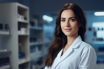 portrait of female pharmacist with very friendly facial expression wearing white coat in drugstore