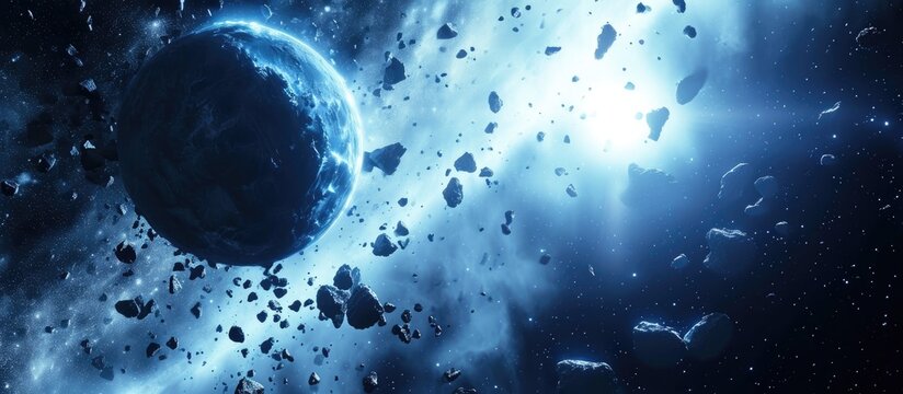Pandora encircled by asteroid belt and destroyed planet debris. Blue protoplanet in vast universe. 3d visualization.