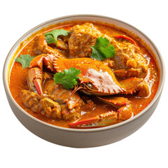 Crab curry in Thai infused red coconut curry sauce. Isolated on Transparent background