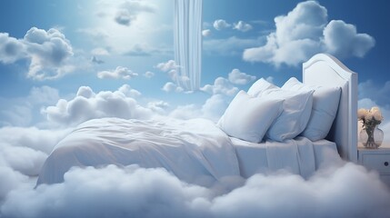 Dreamy cloudscape surrounding a serene bed in a deep blue sky
