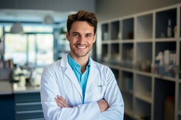 Happy man medical assistant in clinic. Nurse in uniform doctor at hospital