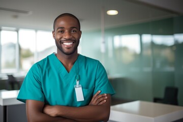 Happy african american man medical assistant in clinic. Nurse in uniform doctor at hospital