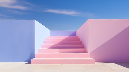 Pastel-hued abstract stairs under a bright sky, casting soft shadows