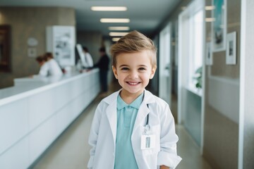Happy child boy medical assistant in clinic. Nurse in uniform doctor at hospital