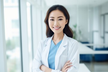 Happy asian woman medical assistant in clinic. Nurse in uniform doctor at hospital