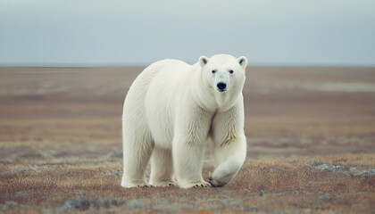 Polar bear walks across tundra eyeing camera