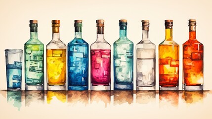 an assortment of fine alcohol bottles, artistic watercolor effect