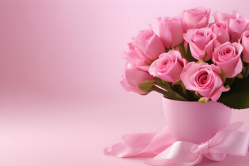 bouquet of roses with a bow in a pot on a pink background, side view, copy space