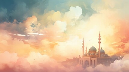 Watercolor and digital hybrid of a paper art mosque with wispy clouds, in the gentle light of early evening