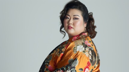 Fototapeta premium Plus size asian female model on a grey background. Photo in fashion editorial style