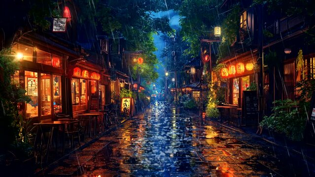 Culinary place at night with rainy vibes. seamless looping 4k time-lapse animation video background