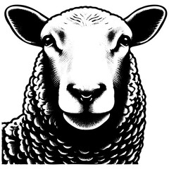 Close up muzzle of sheep, black and white, woodcut style, 