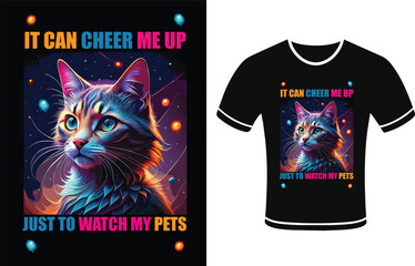 The t-shirt is a cute cat face with a neon light style vector design