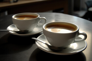 Two Cups of Coffee Lit by Sunlight