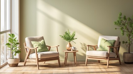 An airy interior featuring a smooth green armchair and simple wooden decor, afternoon tranquility