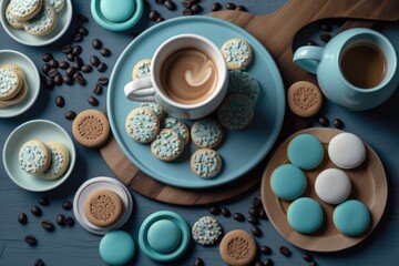 Coffee and cookies on aqua background