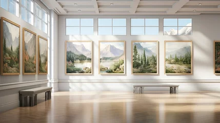 Tuinposter Classic art gallery hallway, natural light, white walls, framed landscape paintings © PRI