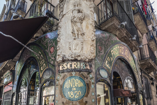 Barcelona, Spain - May 26, 2015: Escriba confectionery in Antigua Casa Figueras on La Rambla pedestrian street in Barcelona