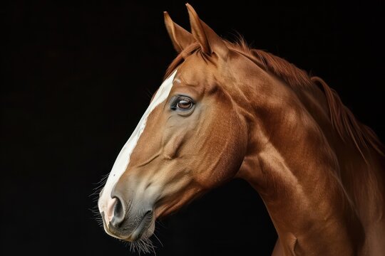 Portrait of brown horse with a white stripe on his face. Generative AI