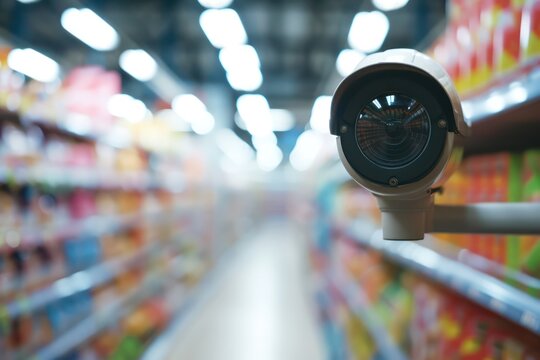 CCTV camera on blurred background of supermarket shelves. Generative AI