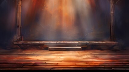 spotlight on a wooden stage with ambient mist - obrazy, fototapety, plakaty