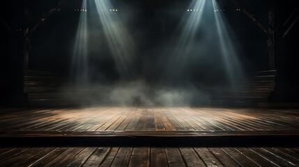 Dramatic wooden stage lit by a single beam of light piercing through fog - obrazy, fototapety, plakaty