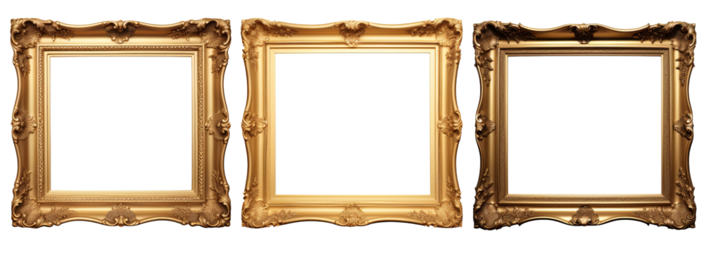 Set of three carved luxury golden horizontal frame mockups. Gilded frames isolated transparent background cutout PNG.