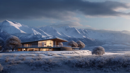 Stylish modern house on a winter mountain landscape background.