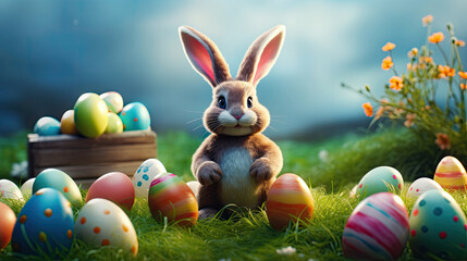 Cartoon Easter bunny with hidden colored eggs in the grass.