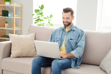 Photo of cheerful satisfied person sit on couch toothy smile look use laptop working from home indoors