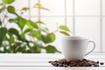 cup of coffee with beans with a plant beside 