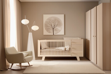 Modern kid room in beige palette. Very cozy room for newborn with cradle. Minimalist baby room interior with wardrobe, crib, wall picture, armchair and floor lamp