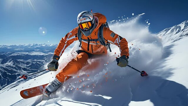 People skiing on amazing sunny day and beautiful nature around. 4k Video footage