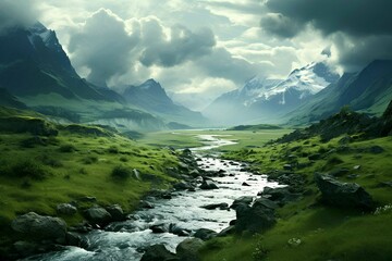 Landscape of High Hills Mountains: Majestic Peaks, Green Valleys, and Flowing Rivers. Generative AI. - obrazy, fototapety, plakaty