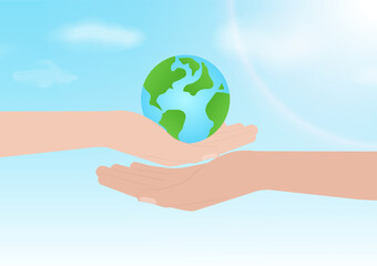 Hand Holding Earth Logo Symbol. Save the World. Save Energy. Eco Friendly and Green Energy Concept.