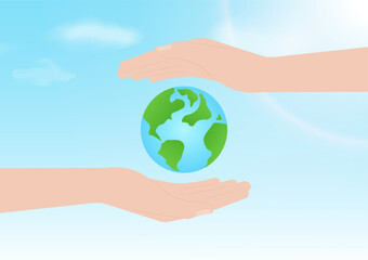 Hand Holding Earth Logo Symbol. Save the World. Save Energy. Eco Friendly and Green Energy Concept.