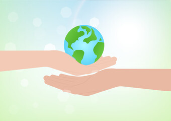 Hand Holding Earth Logo Symbol. Save the World. Save Energy. Eco Friendly and Green Energy Concept.
