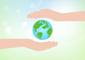 Hand Holding Earth Logo Symbol. Save the World. Save Energy. Eco Friendly and Green Energy Concept.