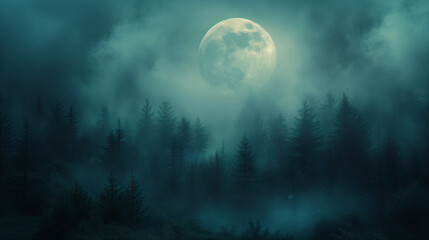 Fototapeta na wymiar Misty morning in the forest, Night misty night, Spooky halloween night, Full moon over dark spooky forest at night, Ai generated image